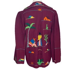 Vintage 1940/50s MEXICAN Hand Embroidered Red WOOL JACKET Folk Art Boho Sz L